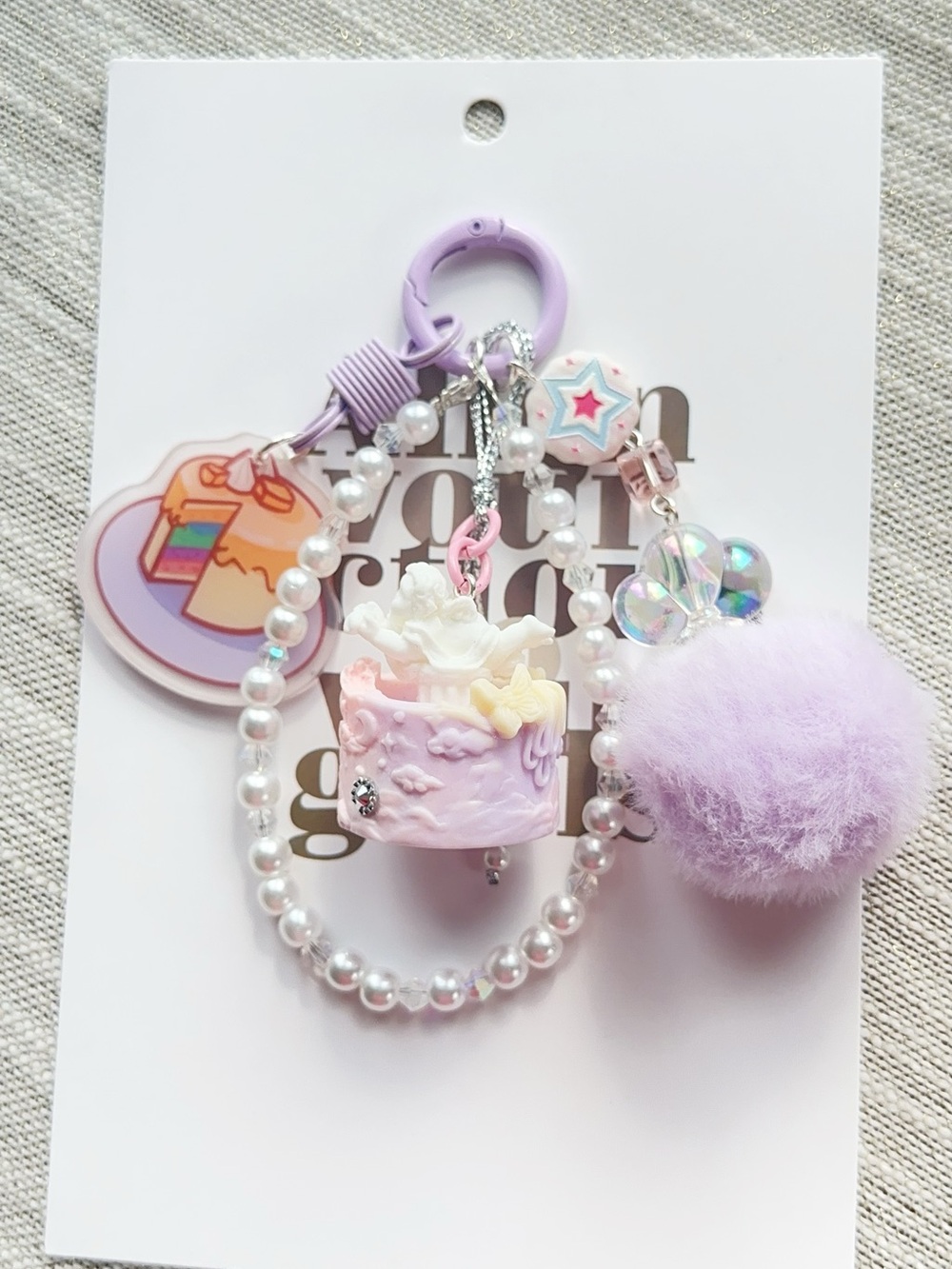 Lilac Pearl Charm Keychain with Pastel Cake and Angel Charm